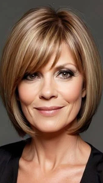 A person with a short, highlighted bob smiles, showcasing chic hairstyles for women over 40 against a gray background.