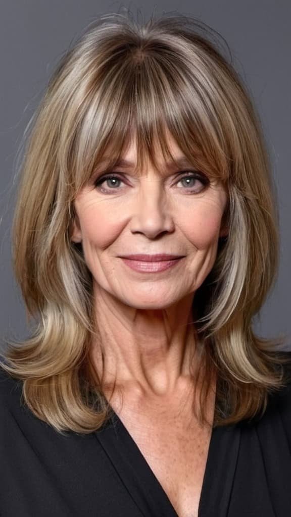 Layered Cut with Curtain Bangs Long Hairstyles For Women Over 60
