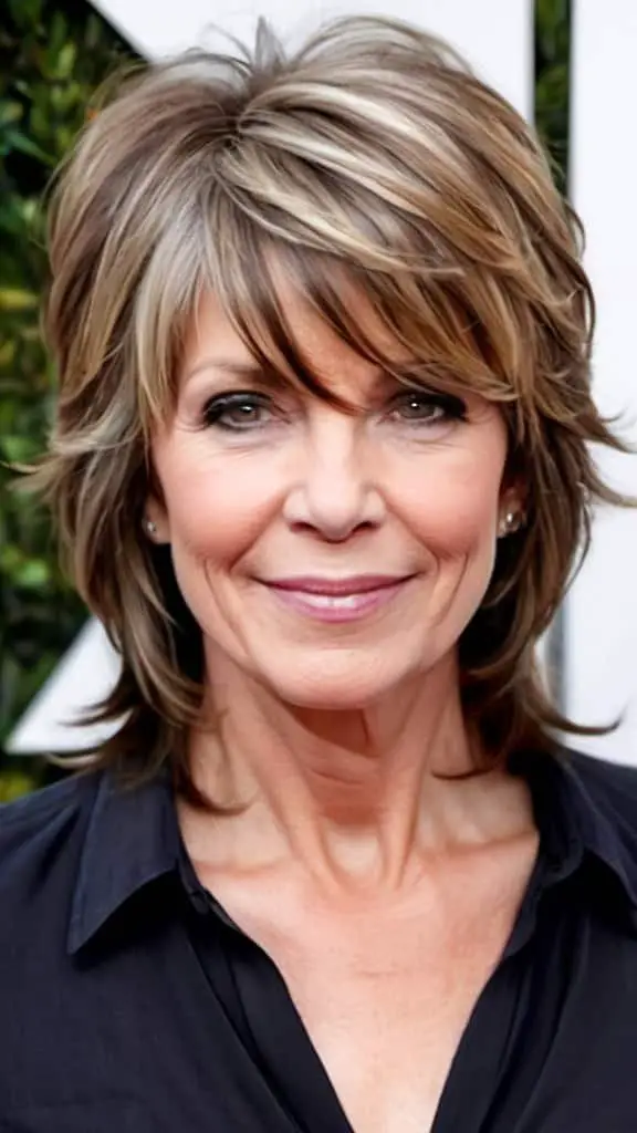 Layered Cut with Long Side Bangs Medium length Hairstyles For Women Over 50