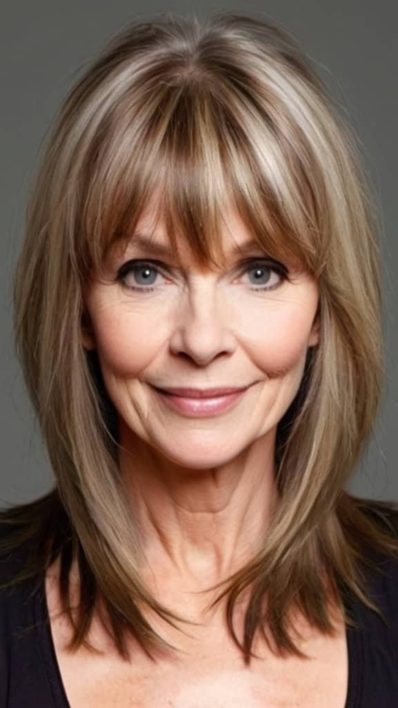 Long Hair with Asymmetrical Bangs Long Hairstyles For Women Over 60