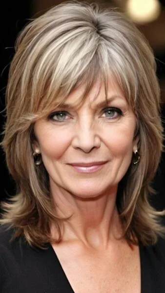 Smiling woman with long, layered gray and blonde hair, wearing a black top and earrings against a blurred dark background.