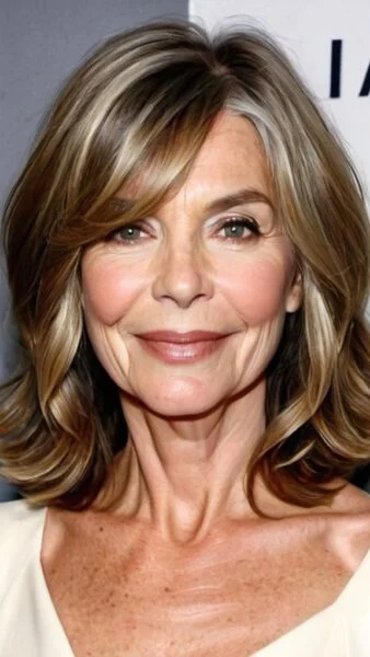 Smiling woman with medium-length, highlighted hair, perfect for women over 50, against a gray and white background.