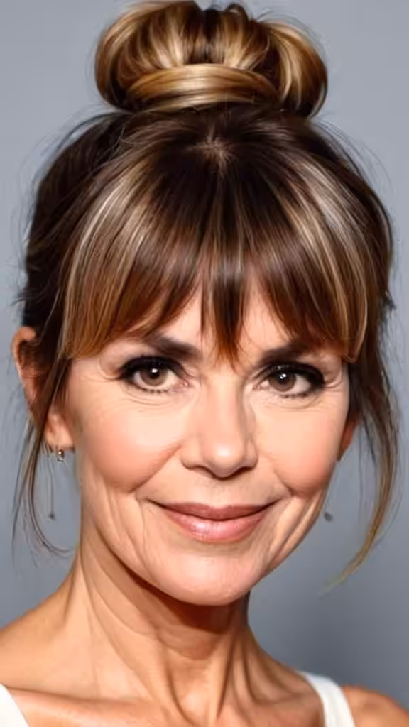 Messy Bun with Bangs Fresh Look Hairstyles With Bangs For Woman Over 60
