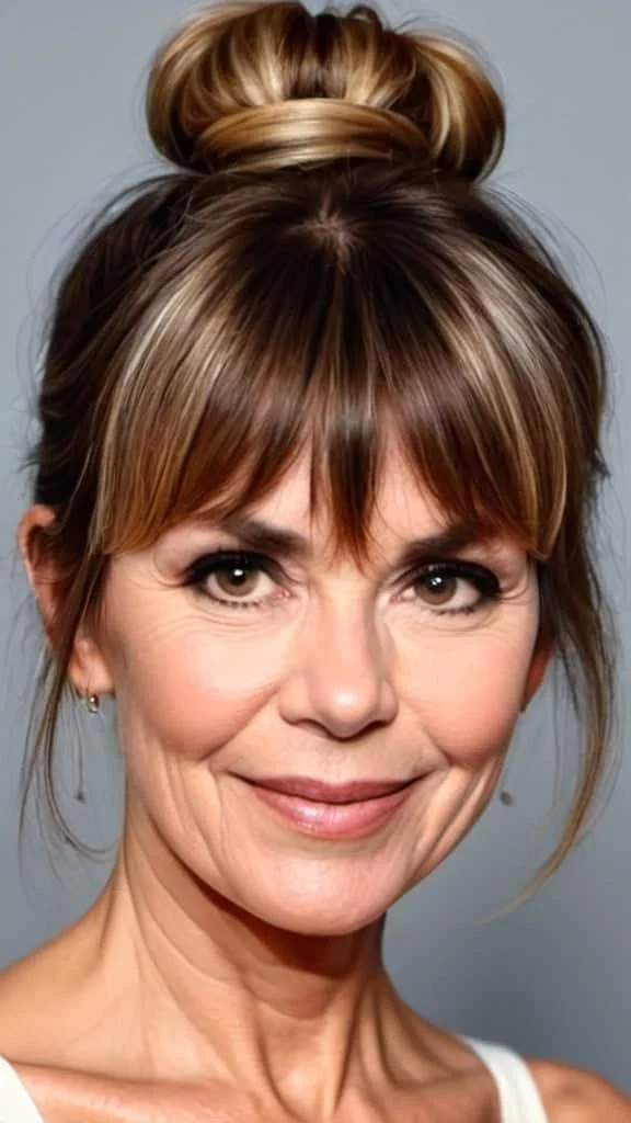 Messy Bun with Bangs Fresh Look Hairstyles With Bangs For Woman Over 60