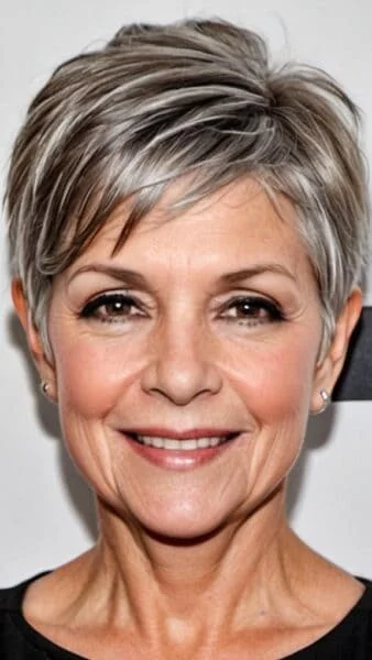 Woman with a pixie haircut and warm smile, wearing stud earrings and a black top, against a neutral background.