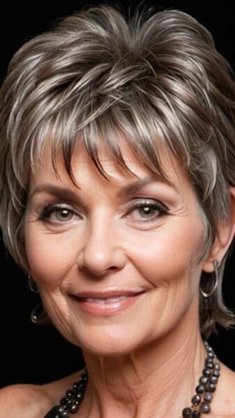 Smiling woman with short, layered shag hairstyle, hoop earrings, and a beaded necklace against a dark background.