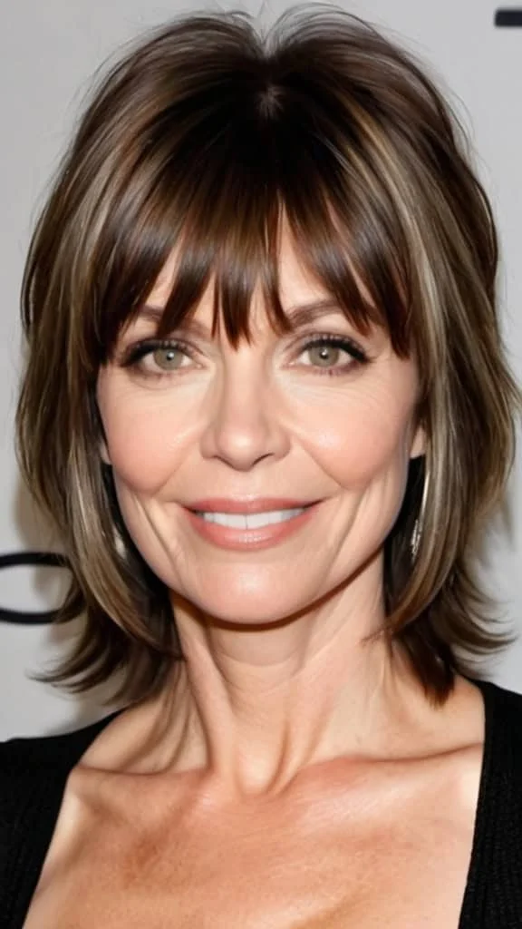 Shag with Fringe Bangs Medium length Hairstyles For Woman Over 40