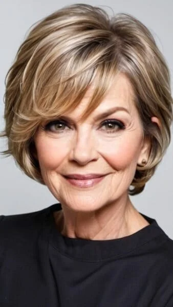 Smiling woman over 60 with short, layered blond hair and a black top against a gray background.