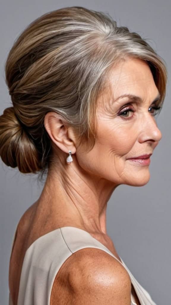 Side Parted Low Bun Long Hairstyles For Women Over 60