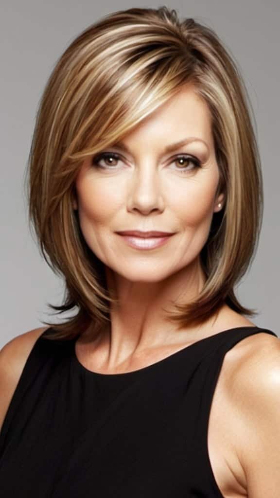 Side Parted Straight Hair Medium length Hairstyles For Woman Over 40
