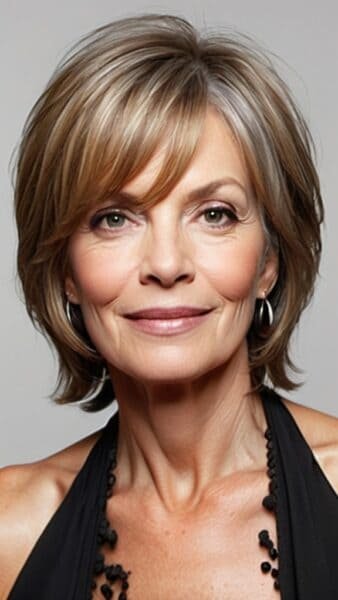 Smiling woman with wash-and-wear, short layered hair and hoop earrings, in a sleeveless black top against a plain background.