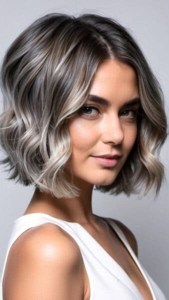 Woman with wavy balayage short hair, wearing a white top, looking confidently at the camera.