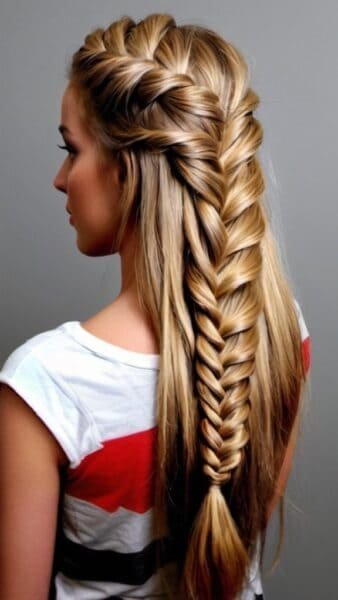 Woman with a long, intricate fishtail braid hairstyle, perfect for those seeking braided hairstyles for long hair.