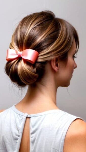 Casual updo with a low bun and large pink bow, woman in a light blue sleeveless top, facing away.