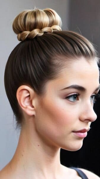 Creative updo idea: Side profile of a woman with a neat braided bun, wearing a sleeveless top against a neutral background.