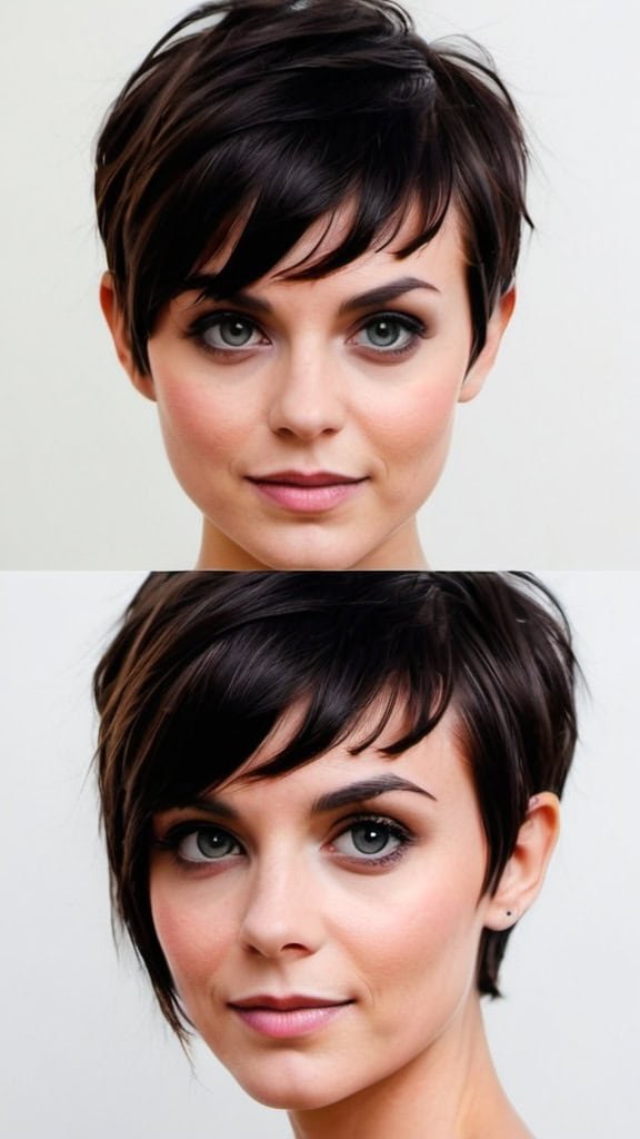 Cropped PixiePixie with side-swept bangs Short Hair with Bangs