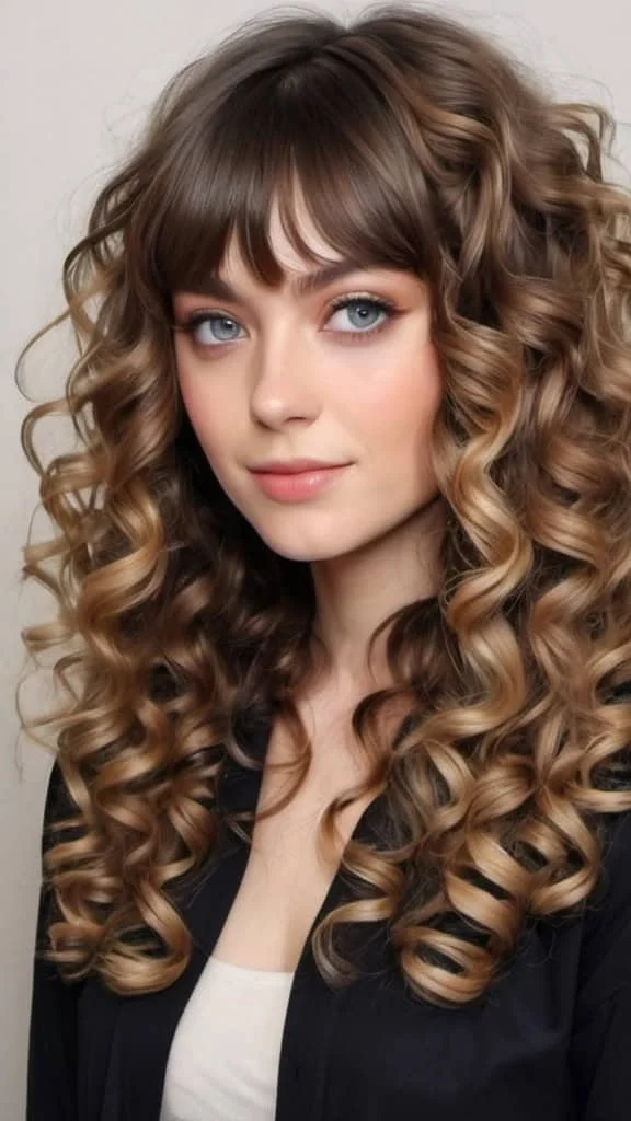 Curled Hair With Curtain Bangs Long Curly Hairstyles