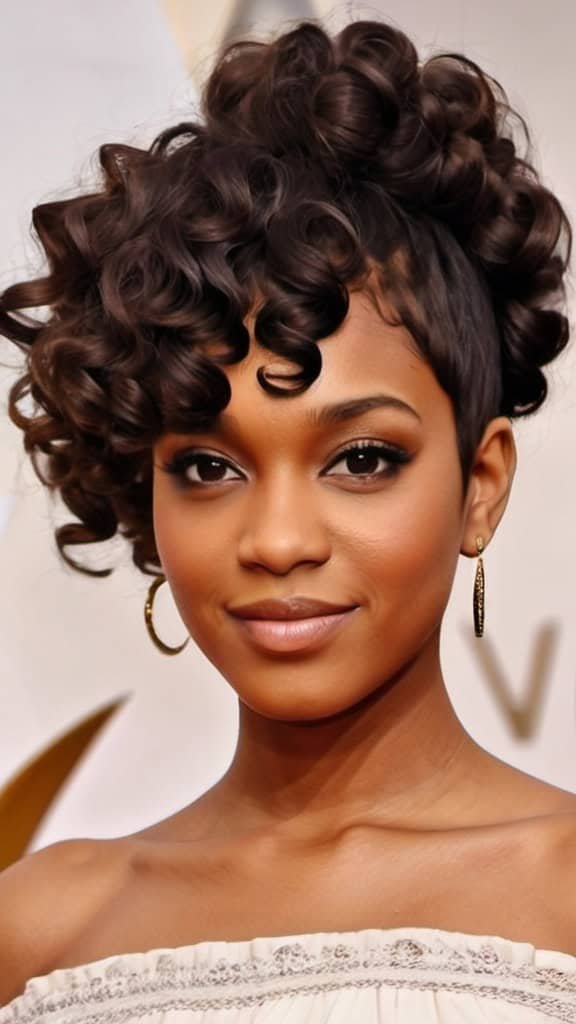 Curly Bun and Bangs Short Hairstyles for Black Women