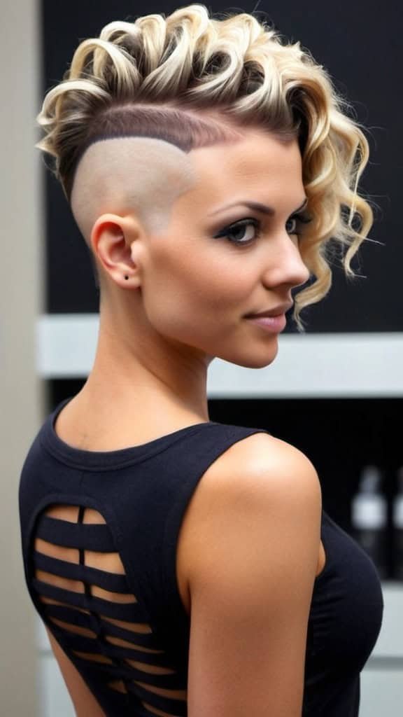 Curly Mohawk with Buzzed Lines women undercut hairstyle