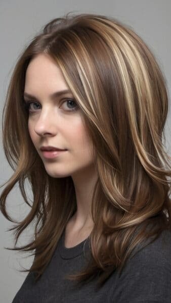 Woman with long, layered brown hair and blonde highlights embodies autumns essence, wearing a dark top against a gray backdrop.