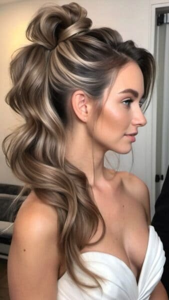 Woman with wavy updo styled from long natural hair, in a strapless white dress, posed in profile in a well-lit room.