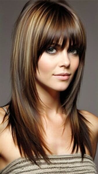 Woman with long layered hairstyles, dark brown with blonde highlights, in a strapless top, smiling at the camera.