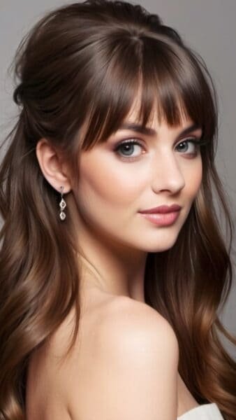 A woman with long brown hair in a half-up, half-down style, subtle makeup, and pearl earrings glances over her shoulder.