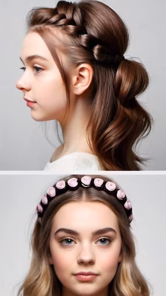 Half-Up Rosette Long Hairstyles for Women with Round Faces