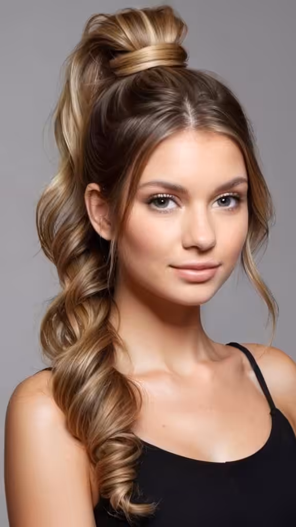 Half-Up Wavy Ponytail Long Hairstyles for Women with Round Faces
