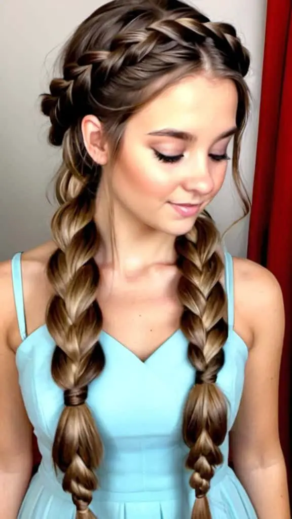 A woman with long, braided hair wears a light blue dress, showcasing a perfect prom hairstyle with a slight smile.