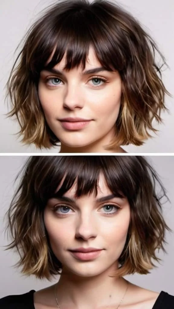 Layered Bob with Baby Bangs Short Wavy Hairstyles
