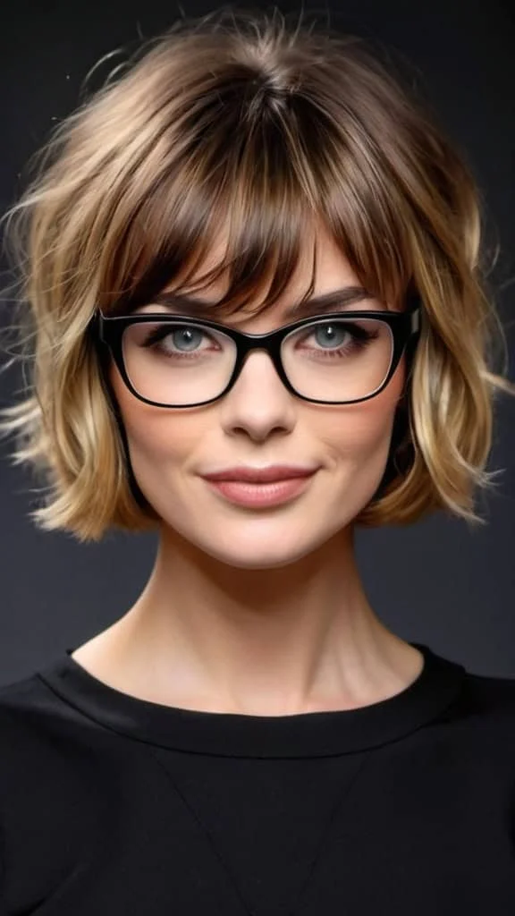Layered Wavy Bob with Bangs Short Hairstyles For Women With Glasses