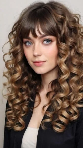 Woman with long curly hairstyle and bangs, wearing a black top, smiles softly at the camera against a plain background.