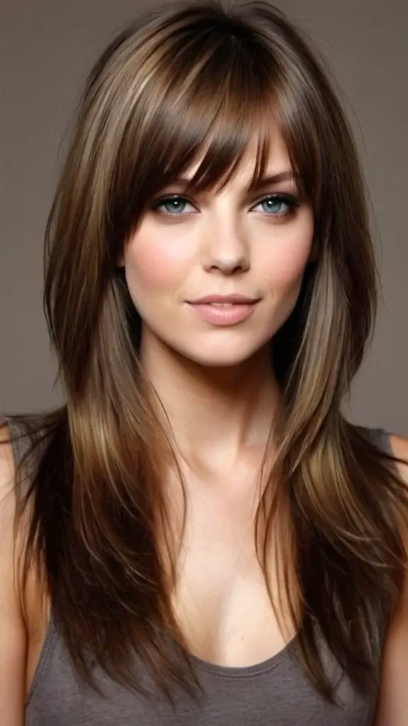 Woman with long, layered brown haircuts with bangs, in a sleeveless top, looking at the camera.