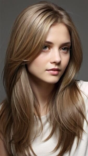 A woman with long, open light brown hair and a soft smile, wearing a white top against a gray background.