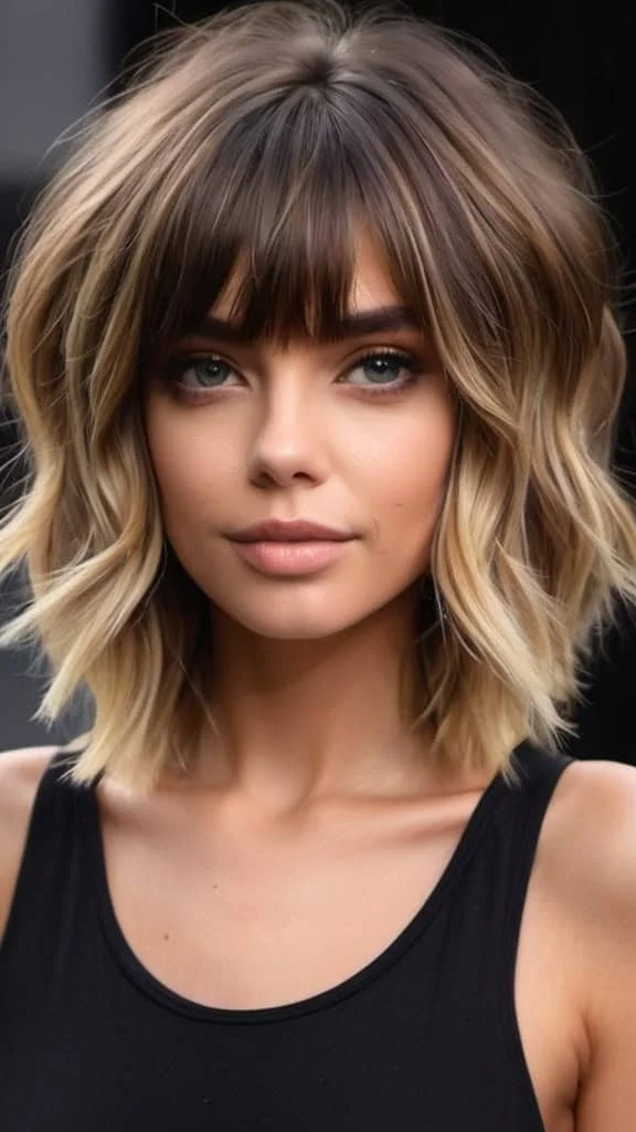 Woman with shoulder-length shag haircut, blonde highlights, and bangs, wearing a black top, looking into the camera.