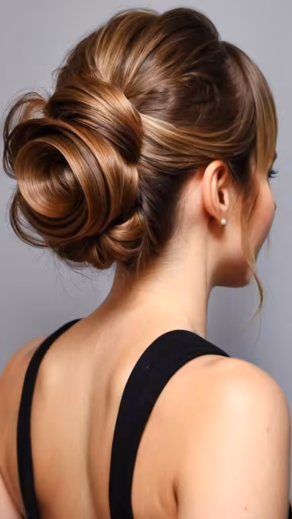Low Bun Updo Long Hairstyles for Women with Round Faces