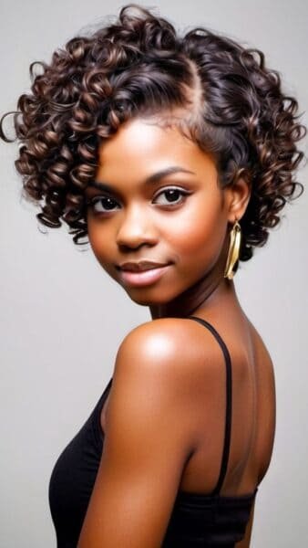 Person with a natural hairstyle, curly hair, wearing a black top and gold earrings, looks over their shoulder against a neutral background.