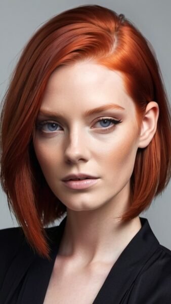 A person with a nifty copper red bob, blue eyes, in a black outfit and subtle makeup against a neutral background.