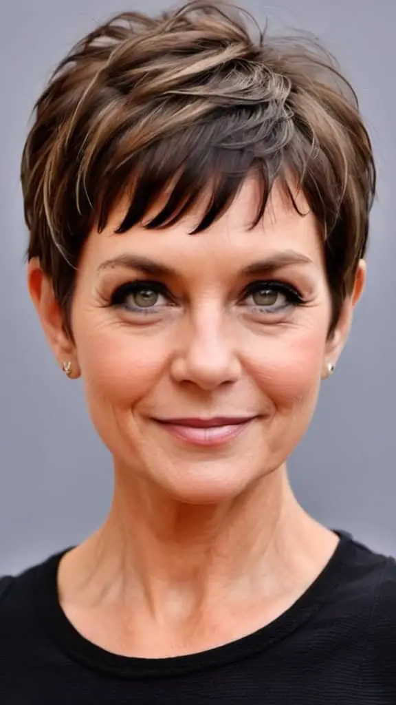 A woman with a simple short hairstyle and neutral expression, wearing a black top against a gray background.