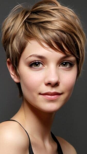 Smiling person with chic pixie haircut for thick hair, wearing a sleeveless top in a studio portrait against a dark background.