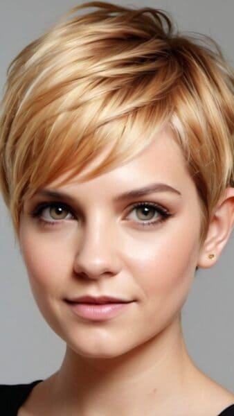 Smiling person with short blonde hairstyles, light eyes, subtle makeup, and a small gold earring against a gray background.