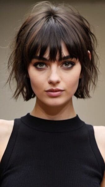 Woman with short hair with bangs, wavy dark locks, in a sleeveless black top, gazing directly at the camera.