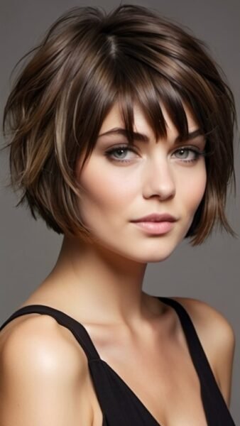 Short haircuts for thick hair: Woman with layered brunette locks and bangs, in a black top, gazing at the camera.