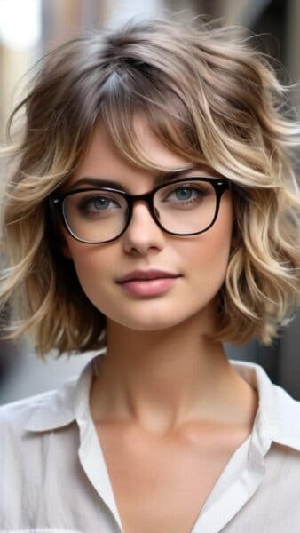 A woman with wavy short hair and glasses, wearing a white shirt, showcases chic short hairstyles for women with glasses.