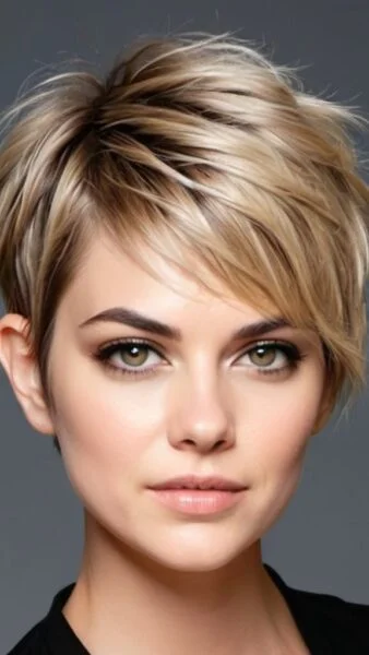 Person with short, layered blonde hair showcases one of the chic short hairstyles for fine hair, set against a gray background.