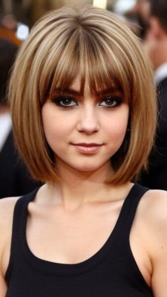 Woman with a short bob haircut and bangs, ideal for round faces, wearing a black tank top, looking at the camera.
