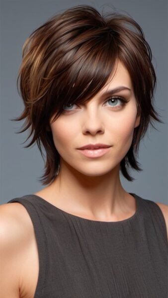 Woman with a short shag hairstyle, layered brown hair, and side-swept bangs, in a sleeveless gray top against a neutral background.