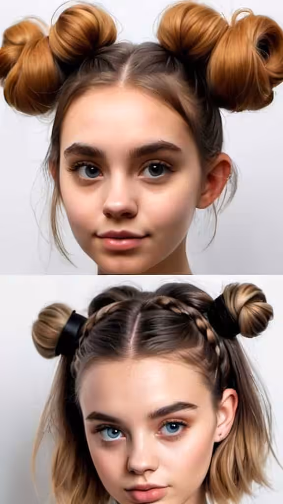 Space Buns Long Hairstyles for Women with Round Faces