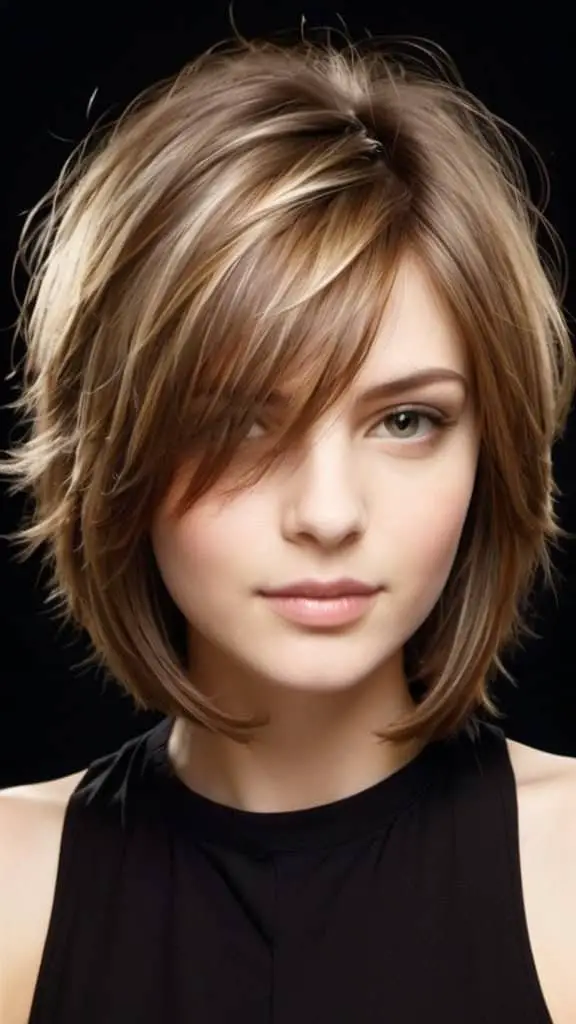 Woman with short, layered brown hair and side bangs, perfect for fine hairs added volume, in a sleeveless black top.